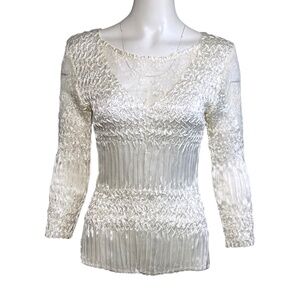 Komarov Womens Top Size L Ivory/Cream Lace Trim 3/4 Sleeve Crinkle Party Evening
